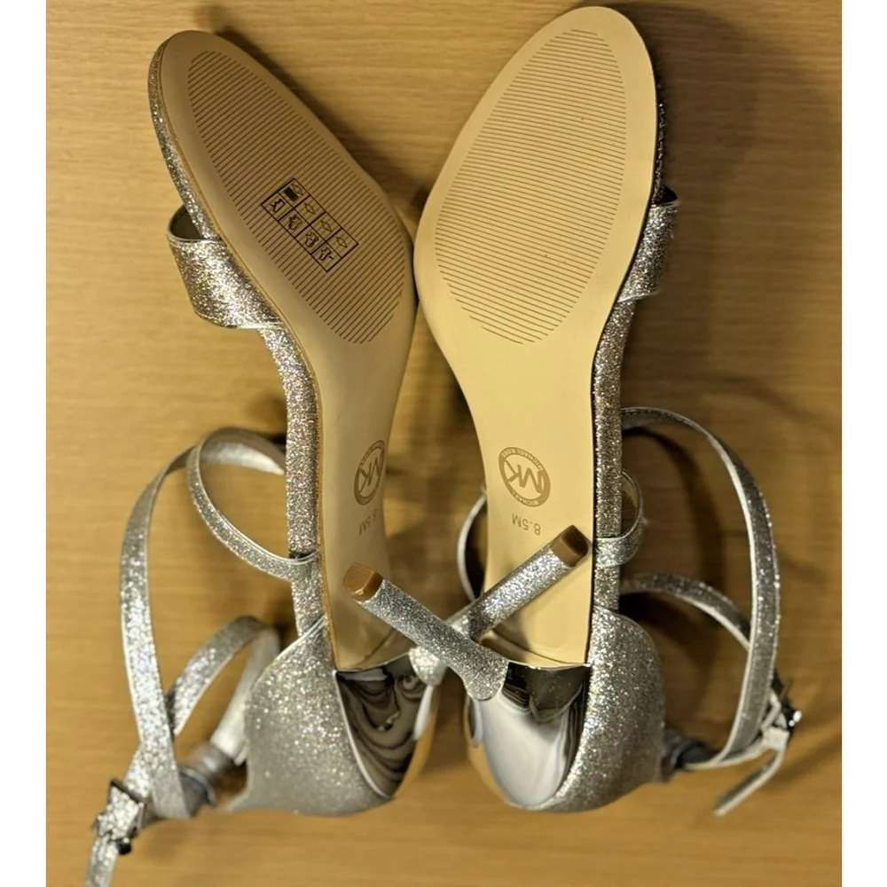 MICHAEL KORS Silver Gold Glitter Ankle Strap Stiletto Heel Sandals 8.5 M